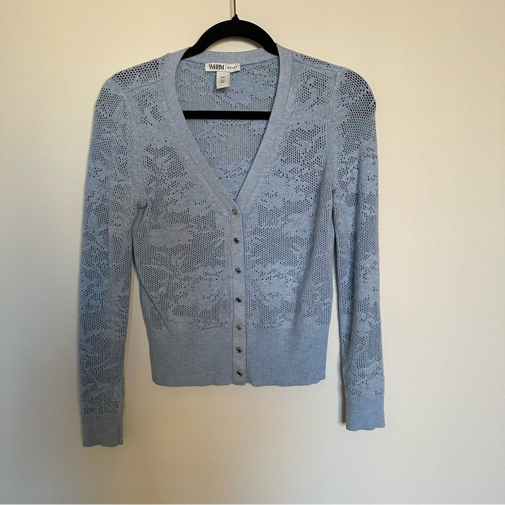 White House Black Market Size XXS baby blue floral knitted stretchy cardigan